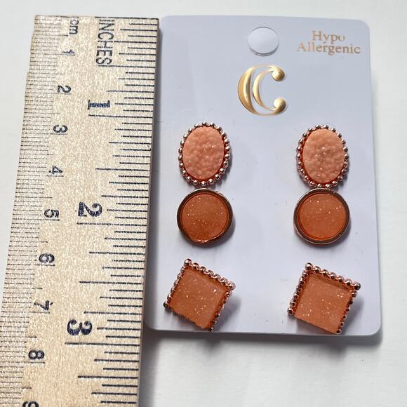 Chic Peach Rose Gold Earrings Set of 3 Hypoallergenic - Picture 1 of 4